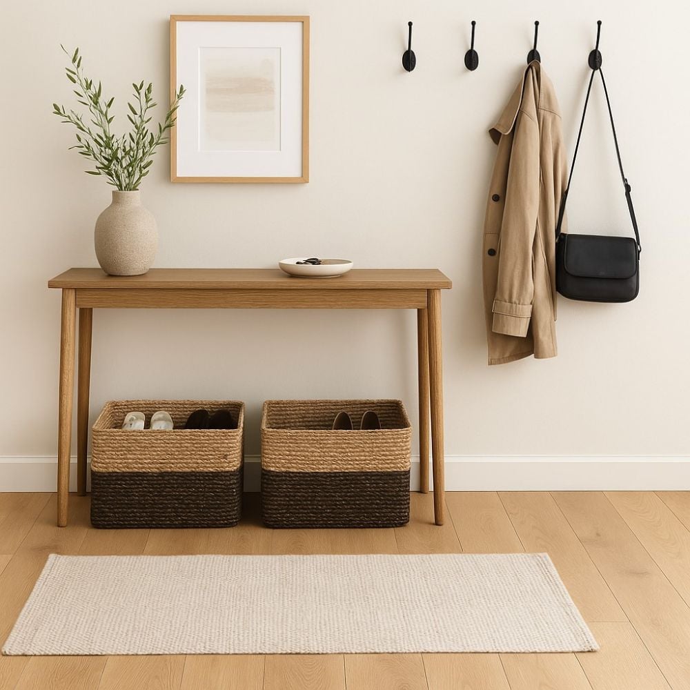 A stylish entryway with a console table and decorative tray serving as a morning anchor